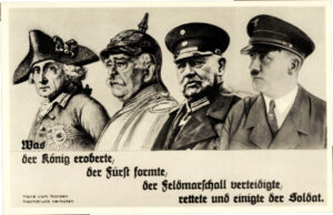 Federico II El Grande, Bismarck, Hindenburg y Hitler, los grandes forjadores de Alemania. Postal de 1935